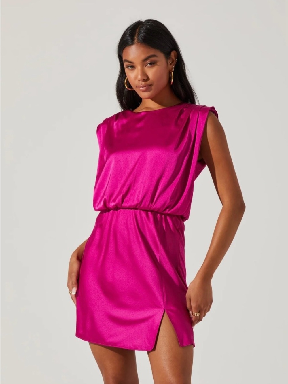 Astr Sleeveless Satin Blouson Mini Dress in Fuchsia Pink